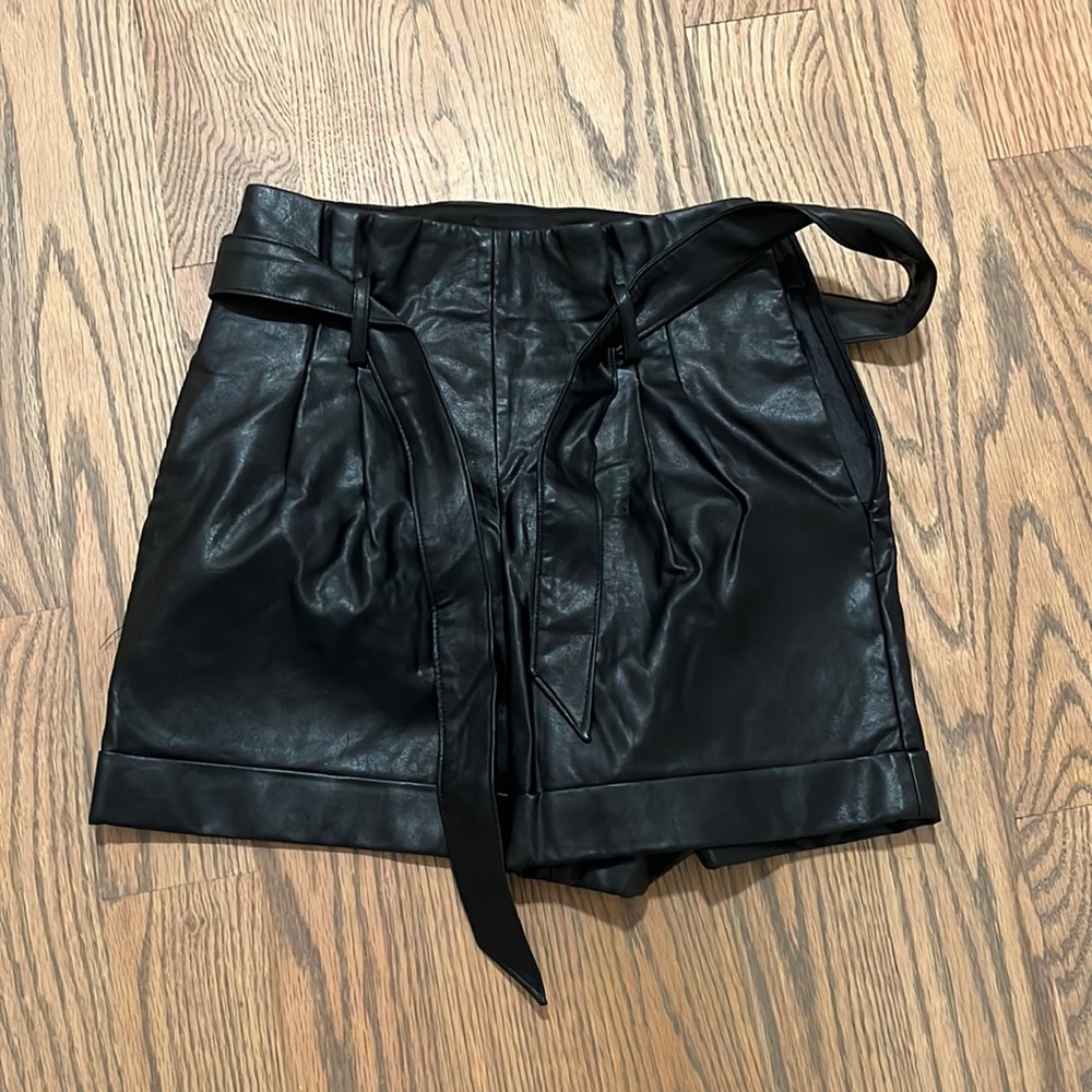 Paper bag waist pleather shorts